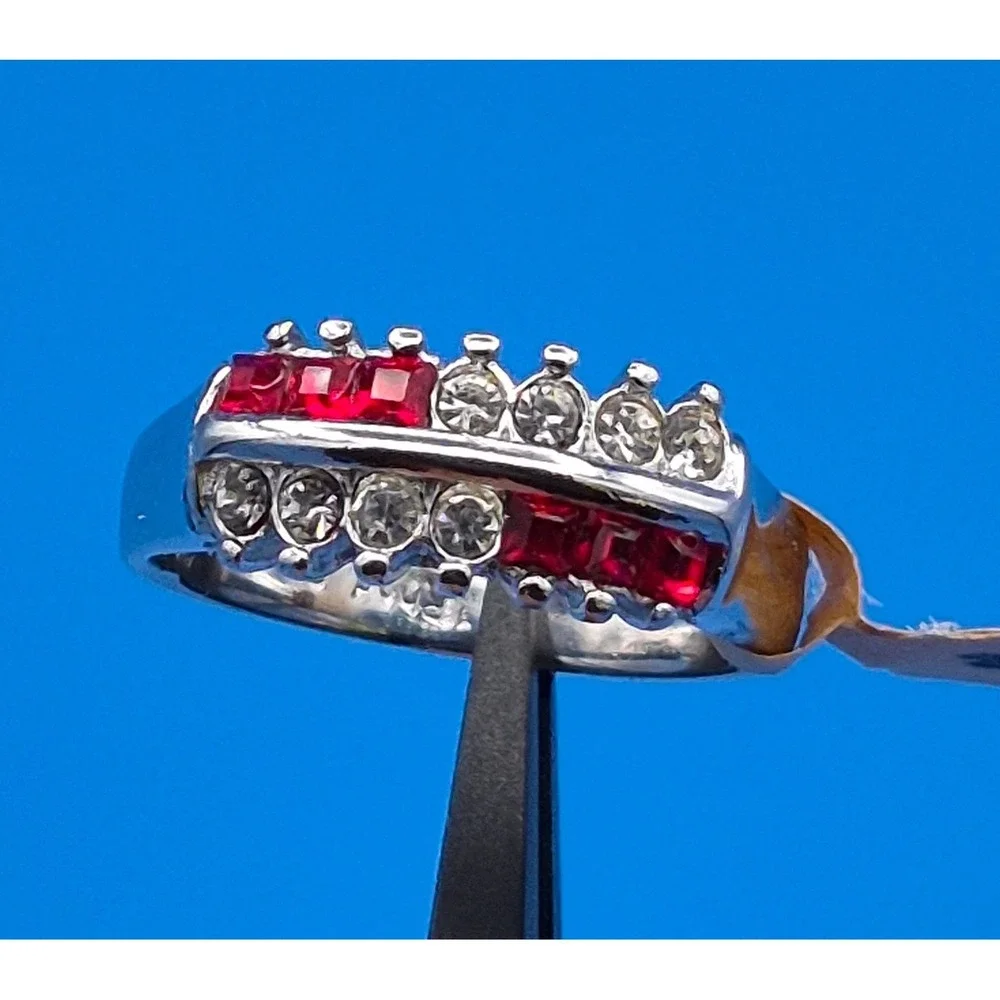 Vintage Ring Size 8 Silver Tone Red Clear Stone Dual Row Statement Band